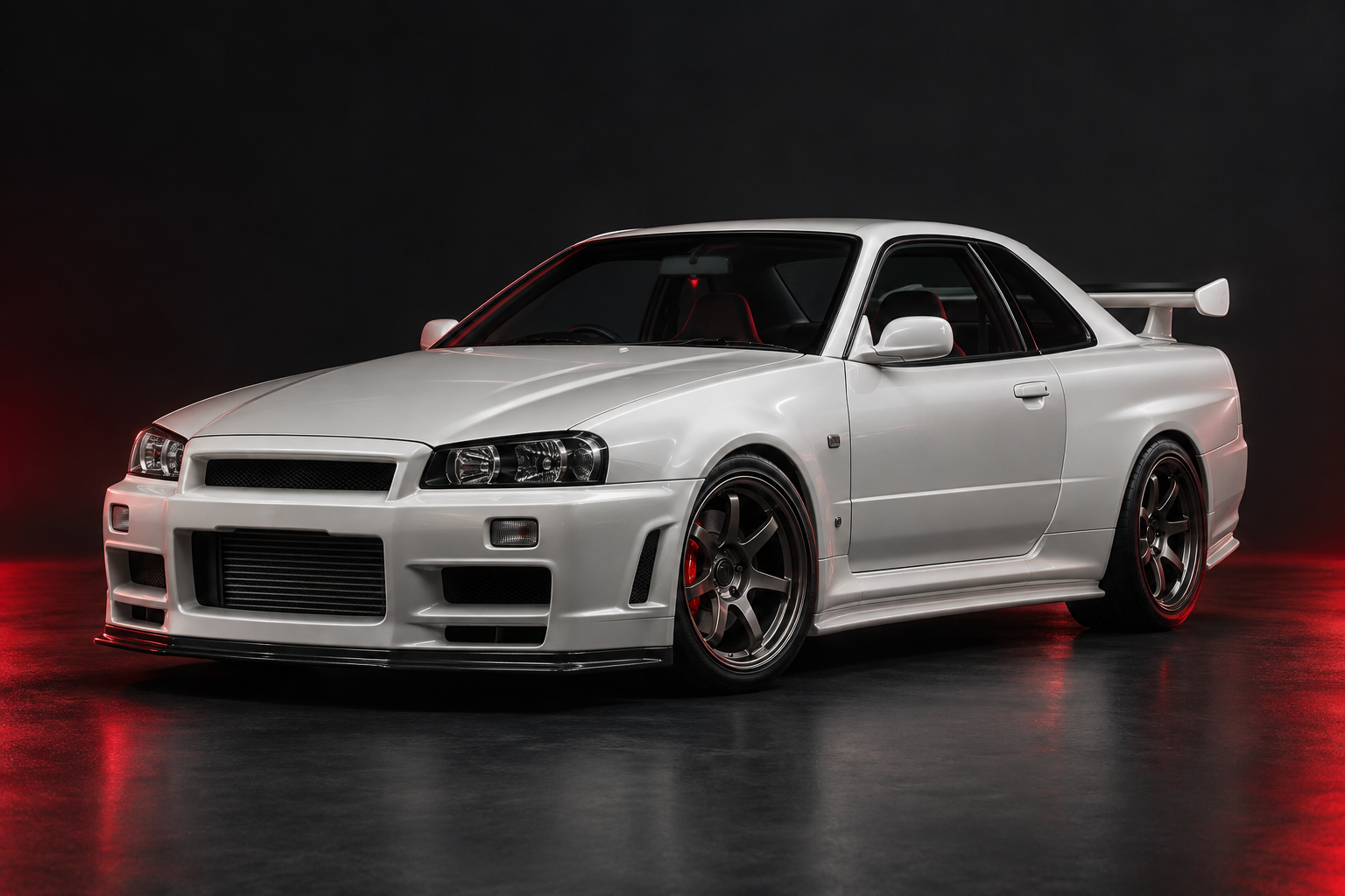 Illustrative white Japanese sports coupe with red studio lighting